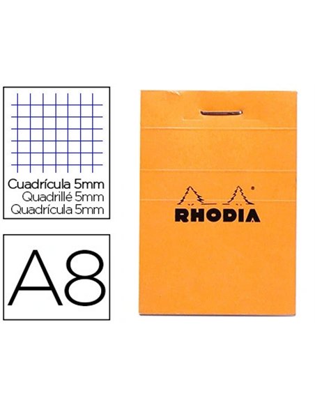 Bloc bureau rhodia a8 papier vélin surfin couverture enduite enveloppante 52x75mm 80f détachables 80g 5x5mm orange.