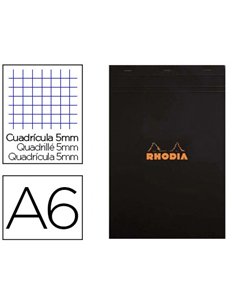 Bloc bureau rhodia a6 papier vélin surfin couverture enduite enveloppante 105x148mm 80f détachables 80g 5x5mm noir.