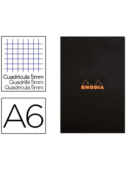 Bloc bureau rhodia a6 papier vélin surfin couverture enduite enveloppante 105x148mm 80f détachables 80g 5x5mm noir.