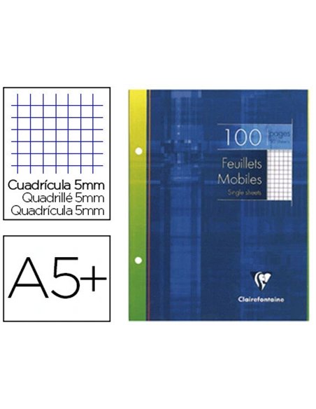 Feuillet mobile clairefontaine a5+ 170x220mm papier vélin velouté 100 pages 90g 5x5mm perforé coloris blanc.