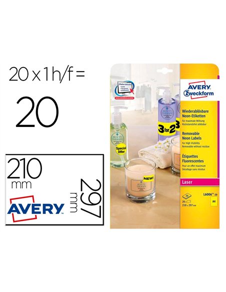Etiquette avery fluorescente laser jaune 210 x 297 mm boite de 20.