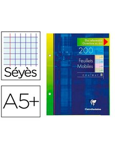 Feuillet mobile clairefontaine a5+ 170x220mm papier vélin velouté 200 pages 90g séyès perforé coloris assortis.