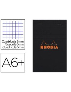 Bloc bureau rhodia a6+ papier vélin surfin couverture enduite enveloppante 110x170mm 80f détachables 80g 5x5mm noir.
