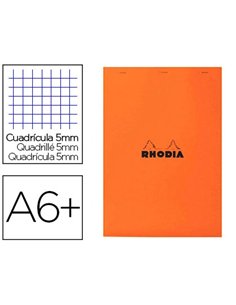 Bloc bureau rhodia a6+ papier vélin surfin couverture enduite enveloppante 110x170mm 80f détachables 80g 5x5mm orange.