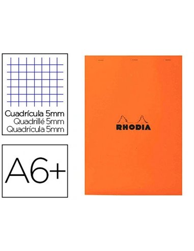 Bloc bureau rhodia a6+ papier vélin surfin couverture enduite enveloppante 110x170mm 80f détachables 80g 5x5mm orange.