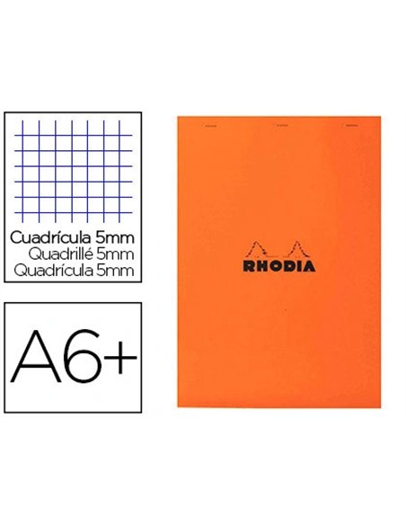 Bloc bureau rhodia a6+ papier vélin surfin couverture enduite enveloppante 110x170mm 80f détachables 80g 5x5mm orange.