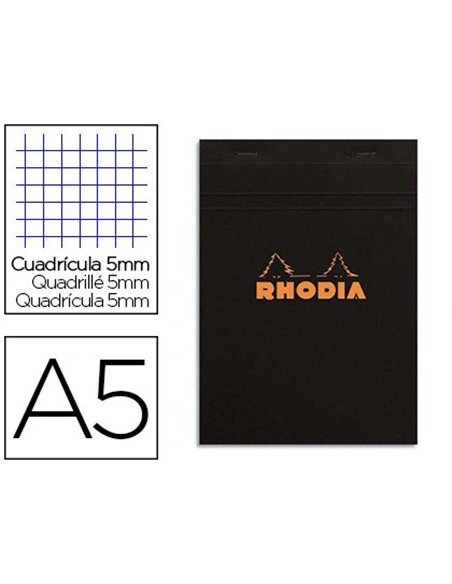 Bloc bureau rhodia a5 papier vélin surfin couverture enduite enveloppante 148x210mm 80f détachables 80g 5x5mm noir.