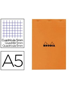 Bloc bureau rhodia a5 papier vélin surfin couverture enduite enveloppante 148x210mm 80f détachables 80g 5x5mm orange.