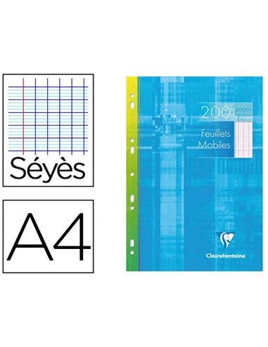 Feuillet mobile clairefontaine a4 210x297mm papier vélin velouté 200 pages 90g séyès perforé coloris blanc.