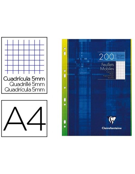Feuillet mobile clairefontaine a4 210x297mm papier vélin velouté 200 pages 90g 5x5mm perforé coloris blanc.