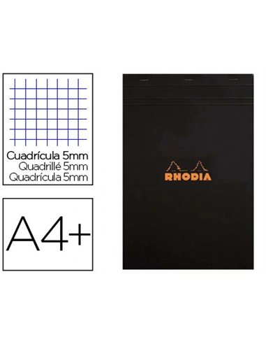 Bloc bureau rhodia a4+ papier vélin surfin couverture enduite enveloppante 210x320mm 80f détachables 80g 5x5mm noir.