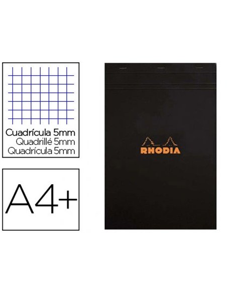 Bloc bureau rhodia a4+ papier vélin surfin couverture enduite enveloppante 210x320mm 80f détachables 80g 5x5mm noir.