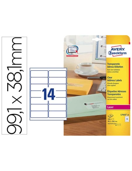 Étiquette adhésive avery adresse transparente laser 99.1x38.1mm boîte 350 unités.