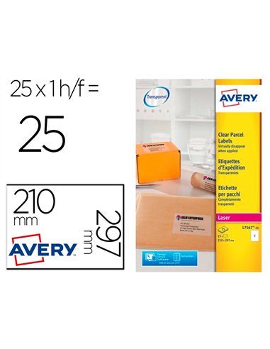 Etiquette autocollante avery expedition laser transparent210 x 297 mm boite de 25.