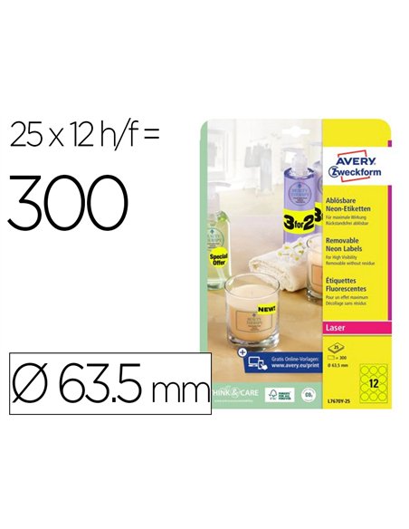 Etiquette avery fluorescente laser jaune 63,5 mm boite de 300.