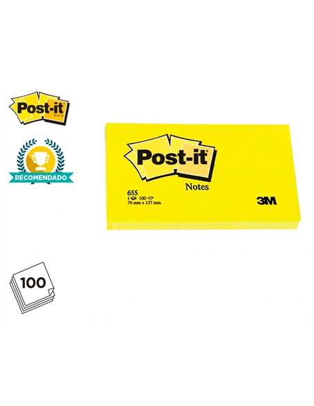 Bloc-notes post-it 655 76x127mm 100f/bloc repositionnables coloris jaune.