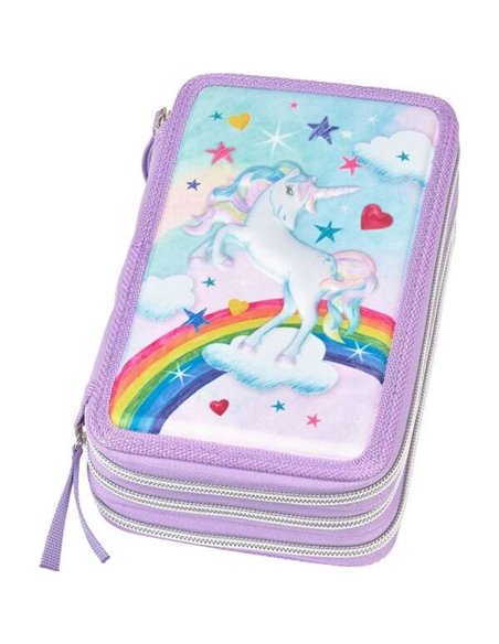 Trousse à crayons Faber-Castell à 3 niveaux avec motif licorne et contenu standard : gomme, 1 taille-crayon, 1 crayon graphite H