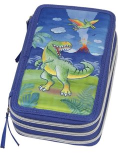 Trousse à crayons Faber-Castell à 3 niveaux avec motif dinosaure et contenu standard : gomme, taille-crayon, crayon graphite HB,