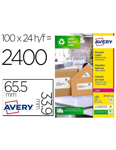 Etiquette autocollante avery adresse recyclee laser blanc 63,5 x 33,9 mm boite de 2400.