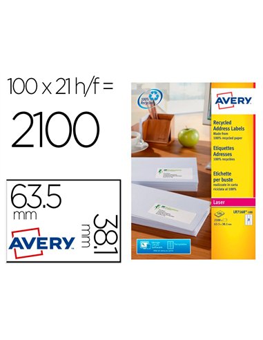 Etiquette autocollante avery adresse recyclee laser blanc 63,5 x 38,1 mm boite de 2100.