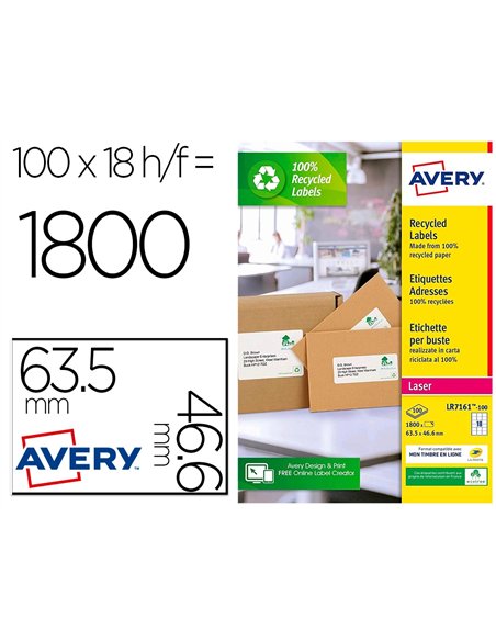 Etiquette autocollante avery adresse recyclee laser blanc 63,5 x 46,6mm boite de 1800.