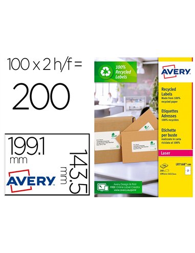 Etiquette autocollante avery adresse recyclee laser blanc199,6 x 143,5 mm boite de 200.