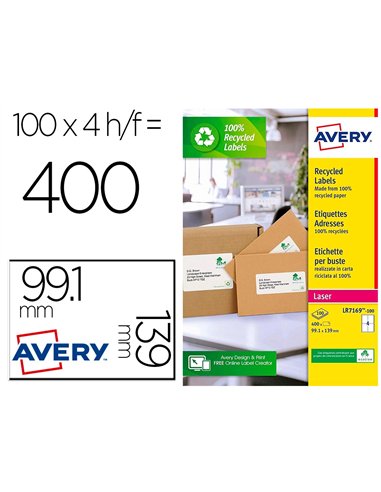 Etiquette autocollante avery adresse recyclee laser blanc 99,1 x 139 mm boite de 400.