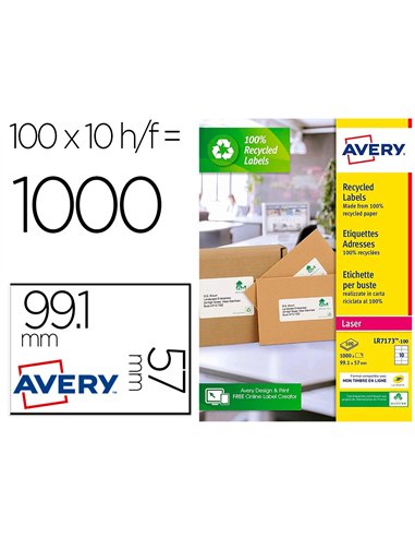 Etiquette autocollante avery adresse recyclee laser blanc 99,1 x 57mm boite de 1000 etiquettes.