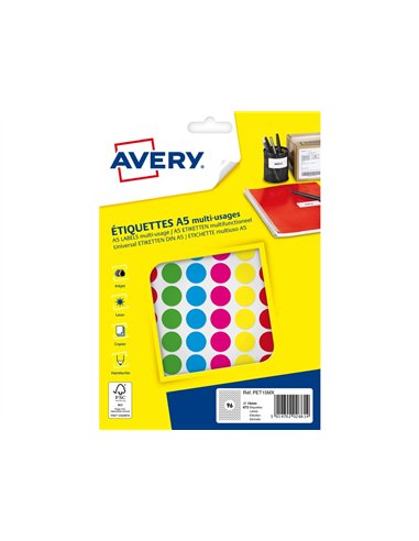 Pastille adhesive apli impression laser jet encre et copieur diametre 15mm permanente coloris assortis.