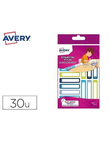 Étiquette stylos avery ultra résistante pour identifier matériel scolaire coloris bleu sachet 30 unités.