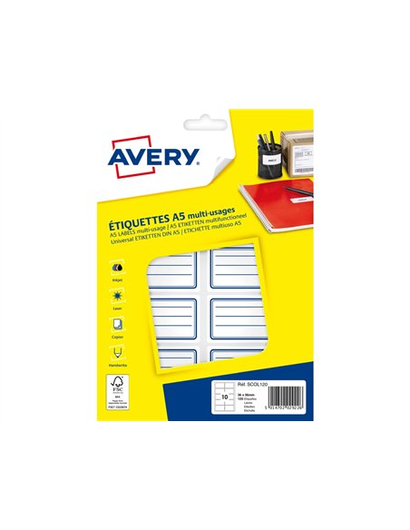 Etiquette scolaire avery impression laser jet encre et copieur 36x56mm coloris blanc lignes bleues pochette 120.