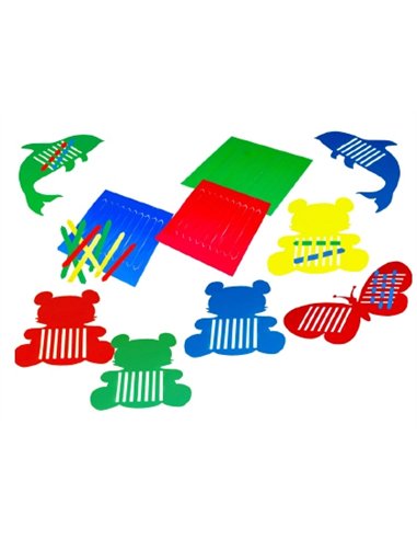 Jeu mon premier tissage contient 270 bandes 12 planches 12 animaux prédécoupés en plastique souple coloris assortis.