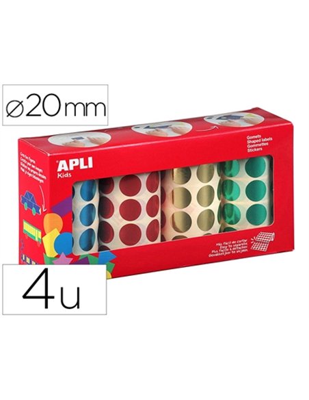 Gommettes apli forme ronde diam. 20mm coloris metallises jaune bleu rouge et vert pack de 4 rouleaux 5640u.