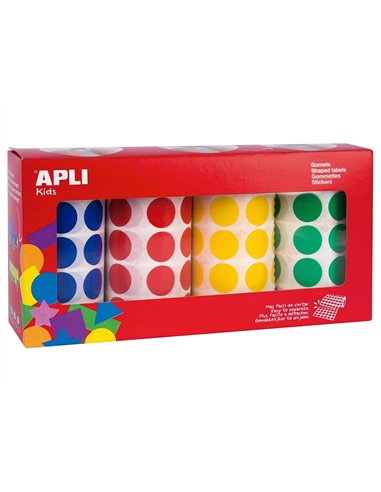 Gommette apli agipa adhésive ronde 20mm coloris assortis boîte 4 rouleaux 7080 unités.
