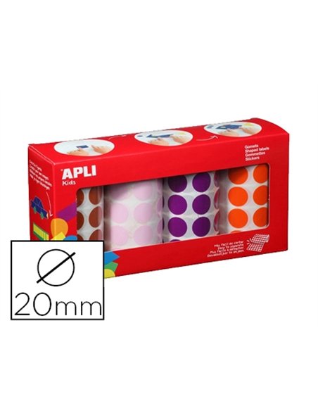 Gommette apli kids permanente ronde 20mm coloris rose marron lilas orange boîte 4 rouleaux.