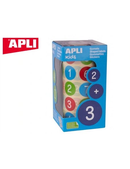 Gommette apli kids enlevable ronde 20mm 123 majuscules multicolores rouleau 900 unités.