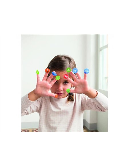 Gommette apli voyelles majuscules 20mm coloris assortis rouleau 900 unites.