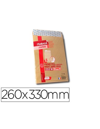 Pochette kraft armé 120g adhésive économique 24 260x330mm soufflets latéraux 30mm paquet 5 unités.