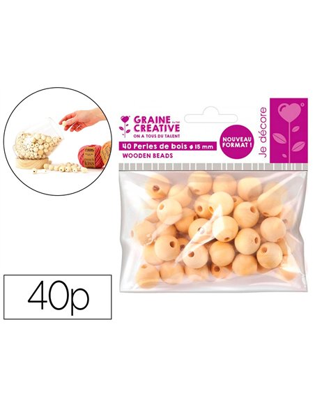 Perles en bois graine creative diametre 15mm sachet 40 pieces.