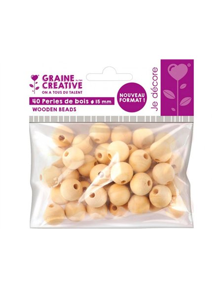 Perles en bois graine creative diametre 15mm sachet 40 pieces.