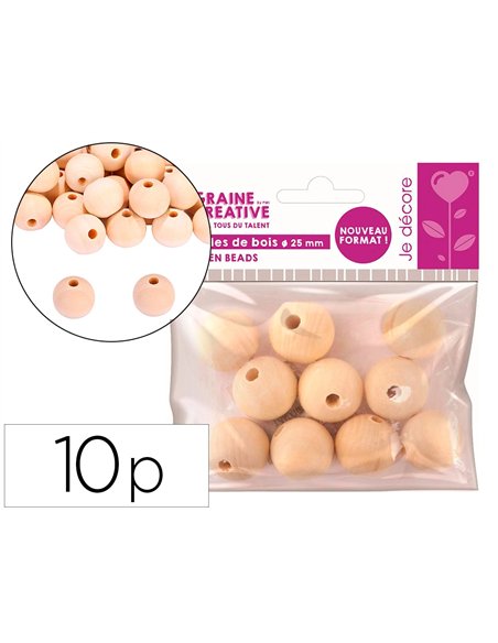 Perles en bois graine creative diametre 25mm sachet 10 pieces.