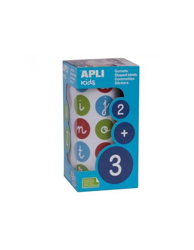 Gommette apli lettres minuscules 20mm coloris assortis rouleau 900 unites.