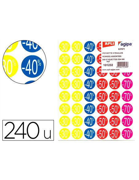 Étiquette adhésive apli pré-imprimée remise -30% -40% -50% -70% permanente coloris assortis 240 pastilles.