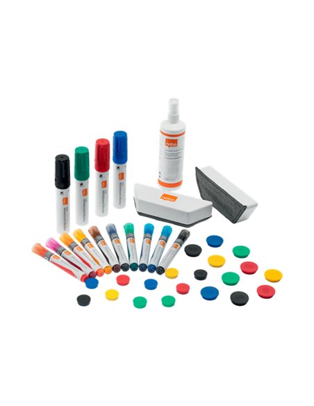 Kit d'accesoires tableau blanc esselte 10 marqueurs 10 aimants 32mm 2 effaceurs 1 spray nettoyage.