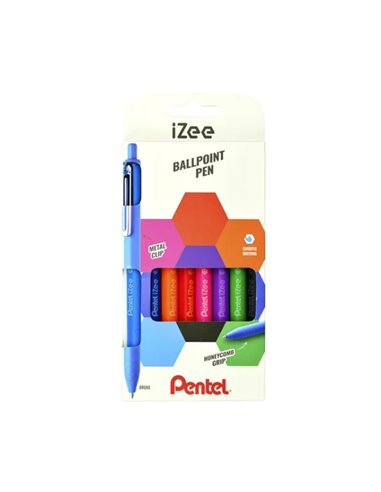 Pentel iZee Lot de 8 stylos à bille rétractables - Pointe 0,7 mm - Trait 0,35 mm - Clip métal - Couleurs assorties
