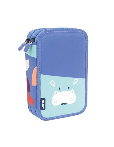 Trousse à crayons Milan Fun Animals à 2 niveaux avec 2 gommes, un taille-crayon, un crayon, un stylo capsule, une règle, 12 cray