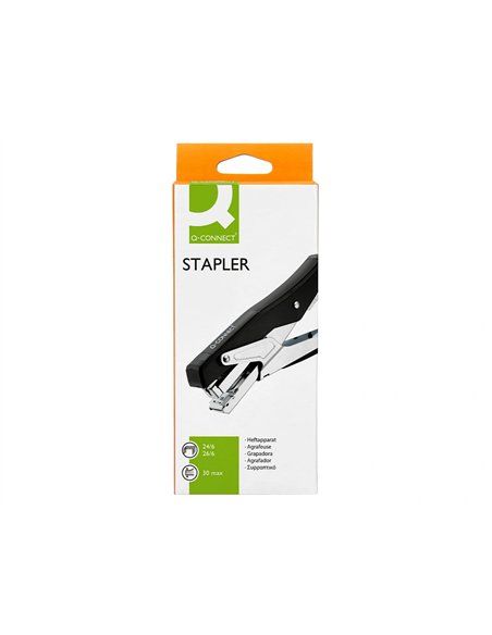 Pince à agrafer q-connect ergonomique 75x25x175mm 25f agrafes 24/6 et 26/6 coloris chromé/noir.