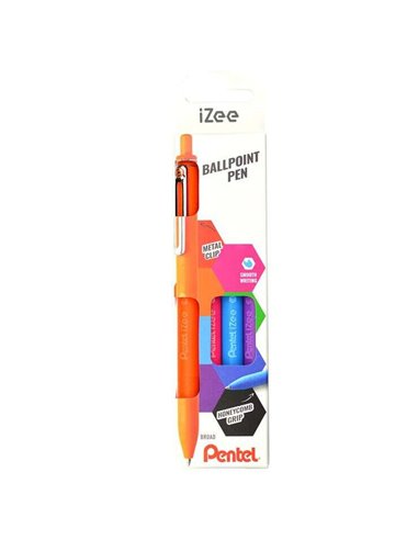 Stylos à bille rétractables Pentel iZee (lot de 4) - Pointe 0,7 mm - Trait 0,35 mm - Clip métal - Orange, bleu clair, rose et vi