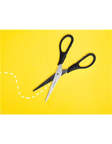 Ciseaux bureau q-connect économique droitier lames inox 170mm branches gainées abs bouts pointus coloris noir.