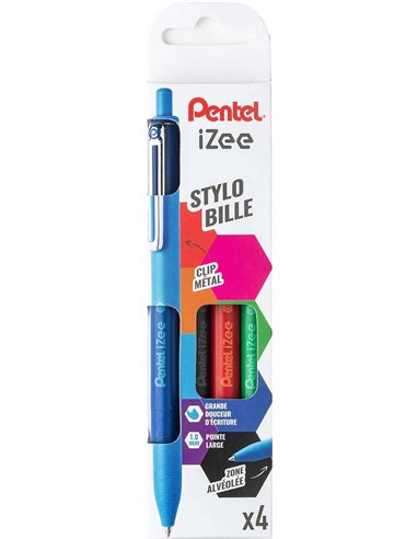 Stylos à bille rétractables Pentel iZee (lot de 4) - Pointe 0,7 mm - Trait 0,35 mm - Clip métal - Noir, bleu, rouge et vert